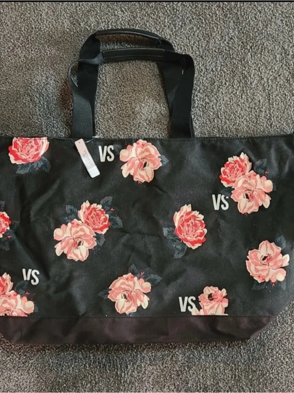 Victoria's Secret Black Tote with Pink Rose Floral Print